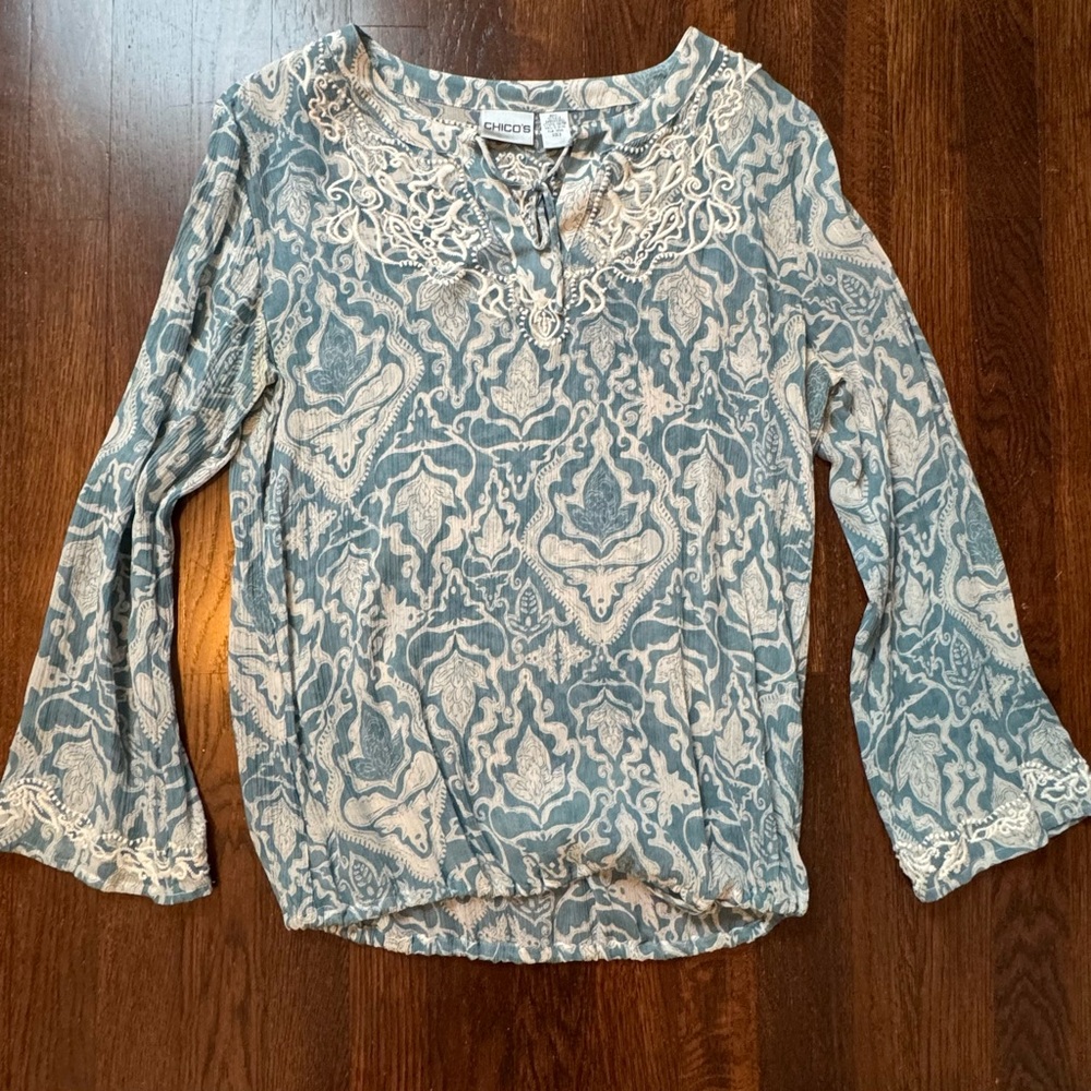 Chico’s Blue and White Silk Embroidered Top